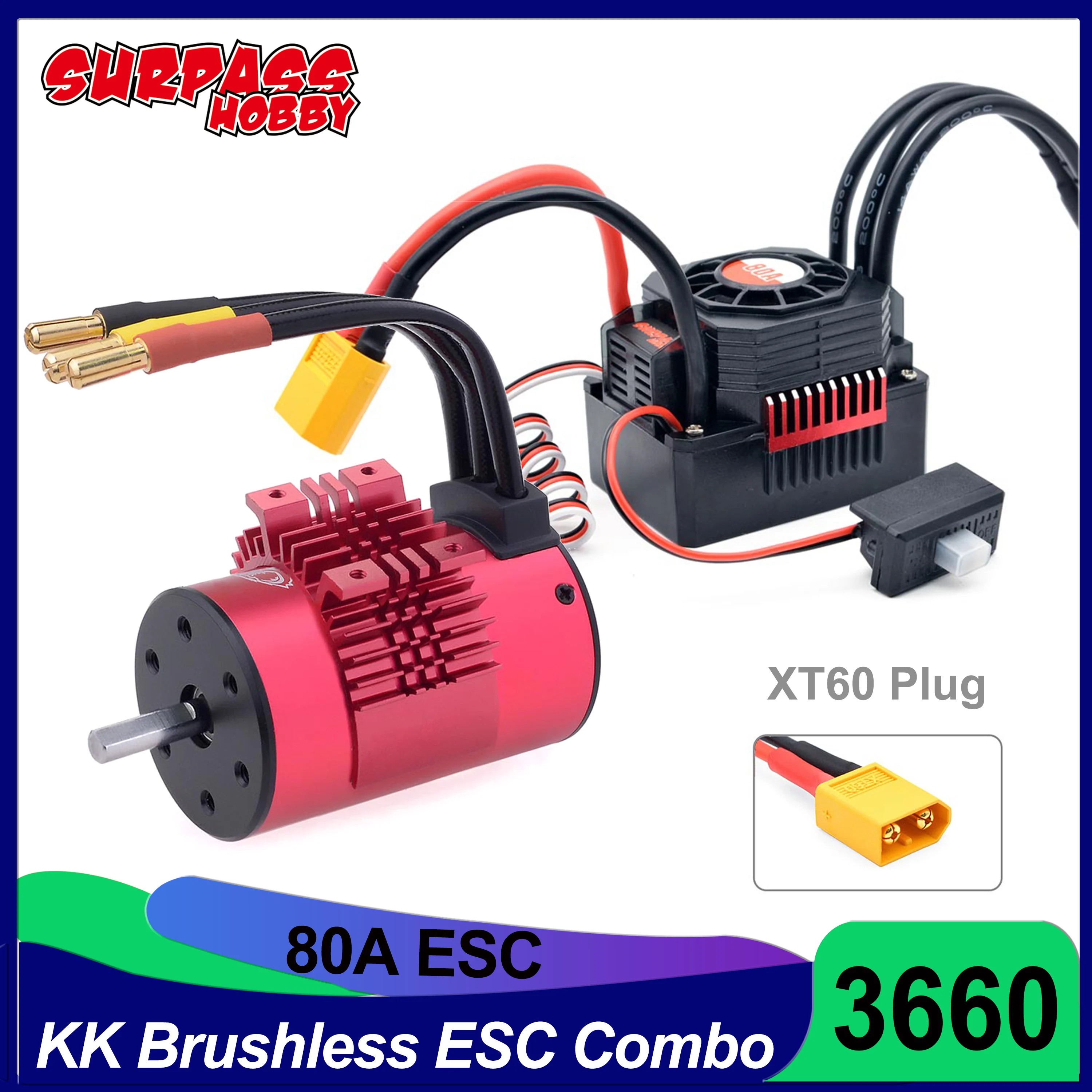 

SURPASS HOBBY KK 3660 Brushless Waterproof Motor ESC Combo 80A ESC XT60 Plug for 1/10 RC Car GTR Wltoys Traxxas HSP Lexus