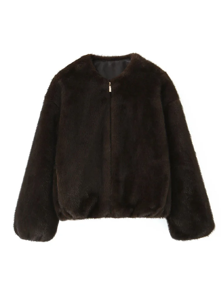 

HH Fashion Woman Winter Versatile Crew Neck Long Sleeves Zipper Faux Fur Effect Jacket Female Casual Street Style Short Jacket