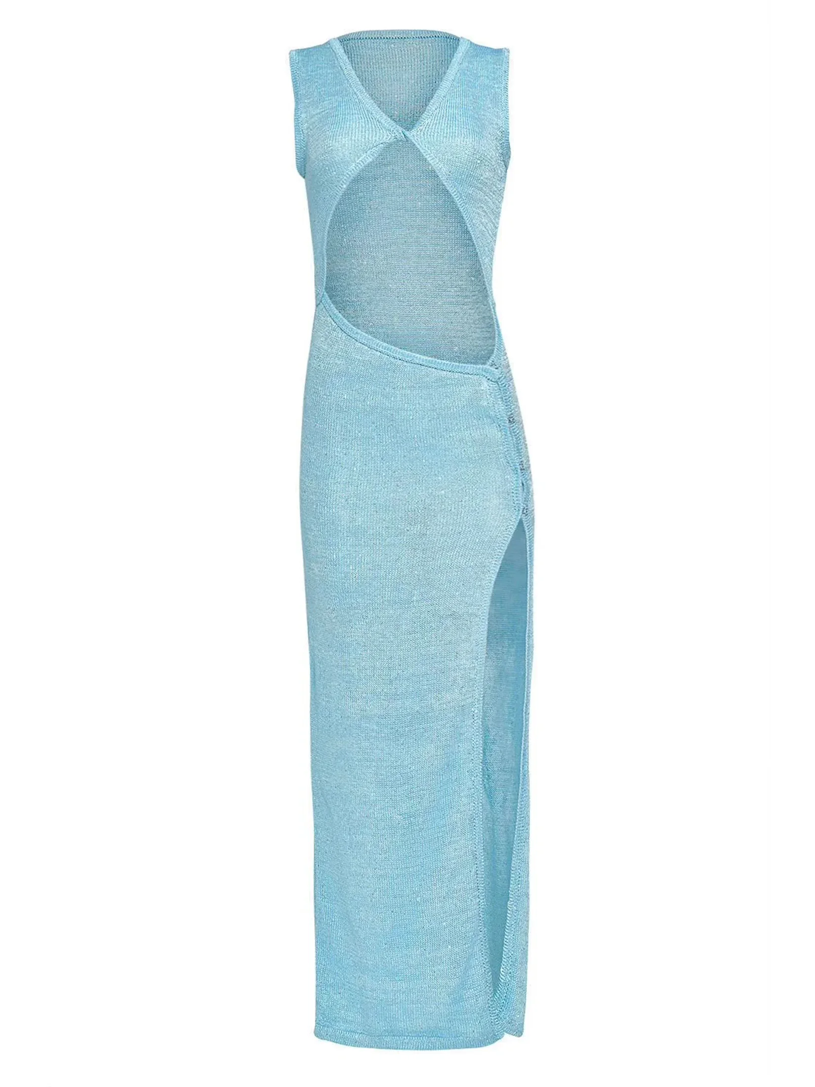 2025 Nuovo sexy maglia tagliata con scollo a V abiti da festa per le vacanze da donna elegante tinta unita scintillante senza maniche abito lungo da spiaggia C116