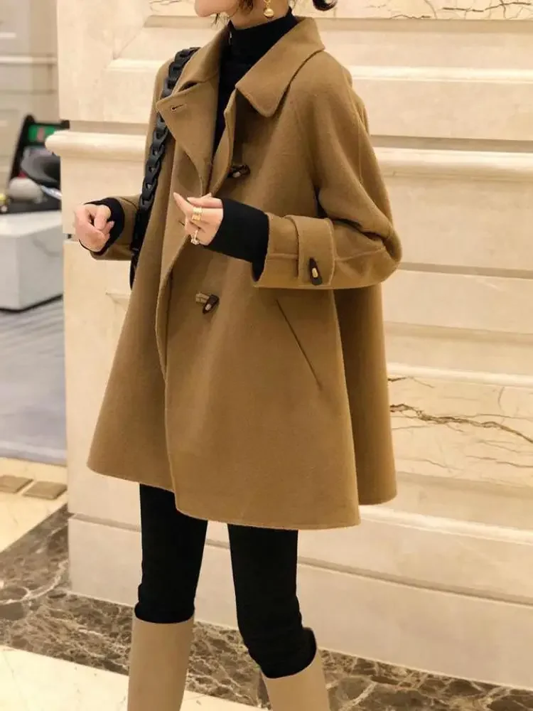 

Autumn Winter Retro Black Woolen Coat Women Red Turn-down Collar Long Sleeve Plus Size Slim Brown Cardigan Outerwear Female B494