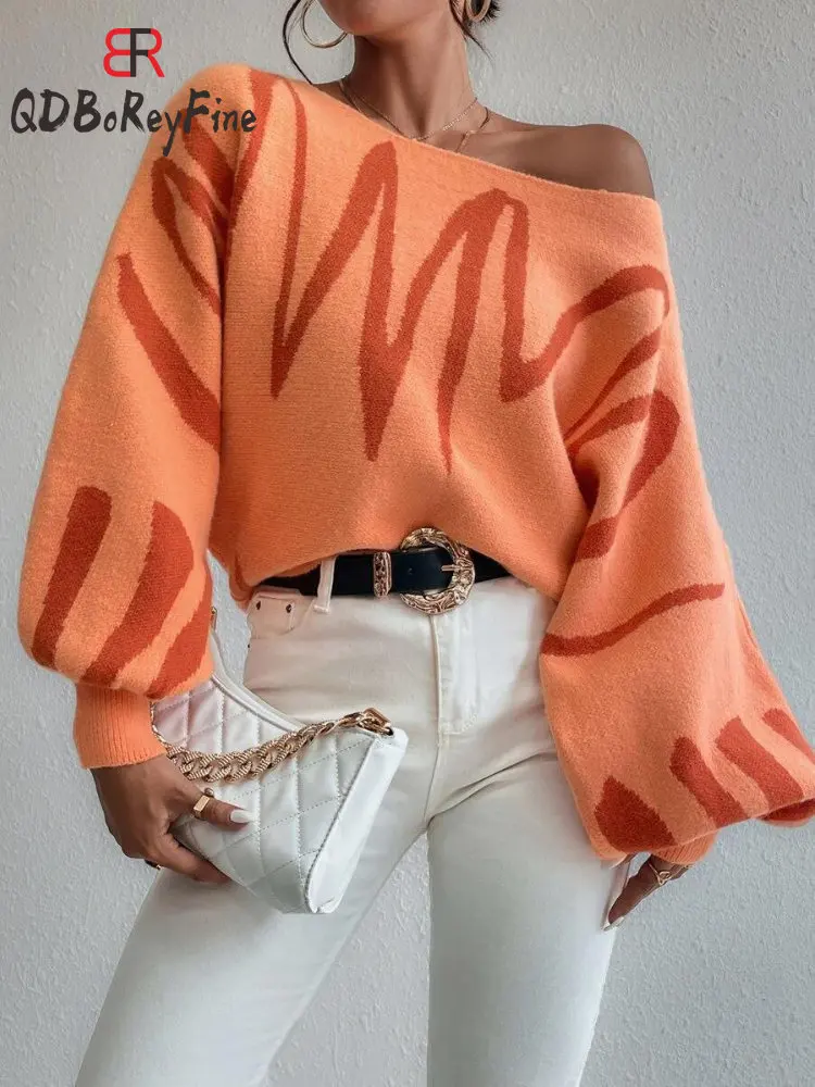 Women‘s Winter Pullovers Warm Print Lantern Sleeve Off Shoulder Casual Tops  Knitted Oversized Sweater Women 2024 New In Jumper