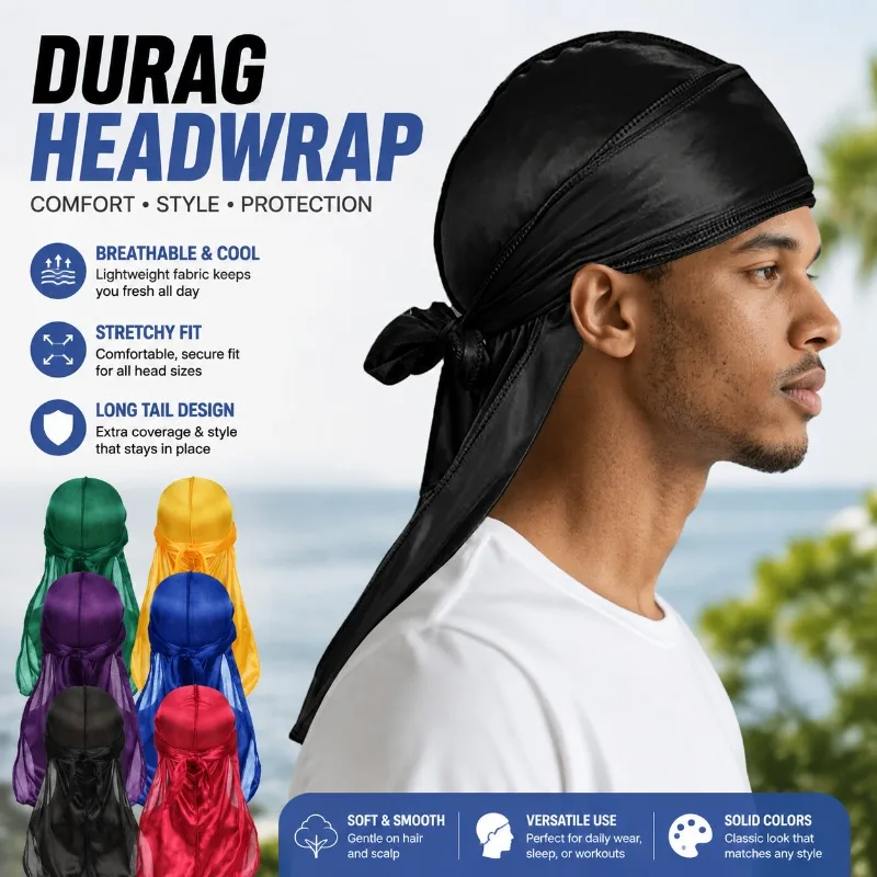 Men Solid Color Bandana Hat Breathable Stretch Long Tail Head Wrap Adjustable Tie Headscarf Lightweight Turban Outdoor Sports