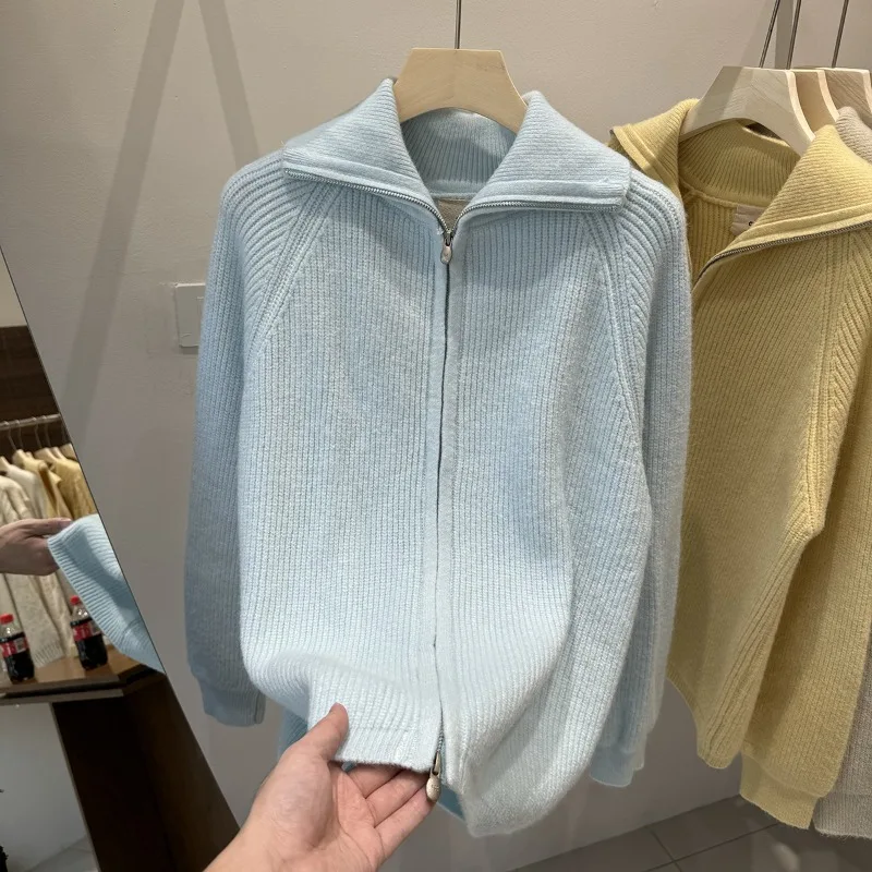 가을 신상 여성용 한리 한치 더블 지퍼 라펠 긴 소매 니트 가디건 심플하고 다재다능하며 까다롭지 않고 패셔너블하다