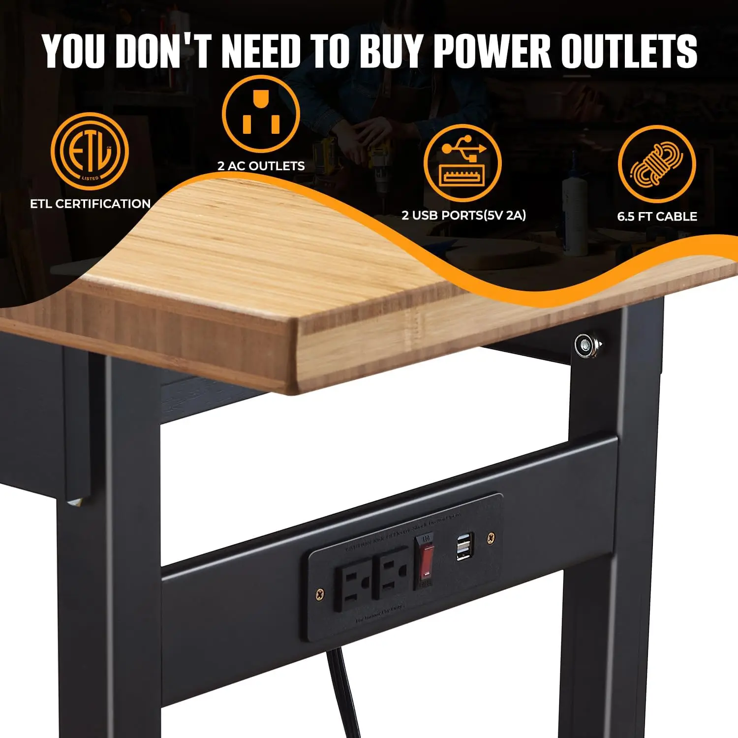 60" Adjustable Work Bench with Drawer Storage, Power Outlet, and Wheels - Heavy Duty Work Table for Home, Garage, and Office