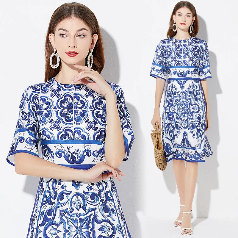 Real Shot Majorica Printed Positioning round Neck Slim High Waist Dress Slim Mid-Sleeve A- line Skirt