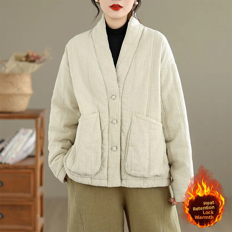 Thiened coton lin femmes Jaet hiver nouveau Sle chinois National Sle v-ne Long Sve coupe régulière trajet Sle