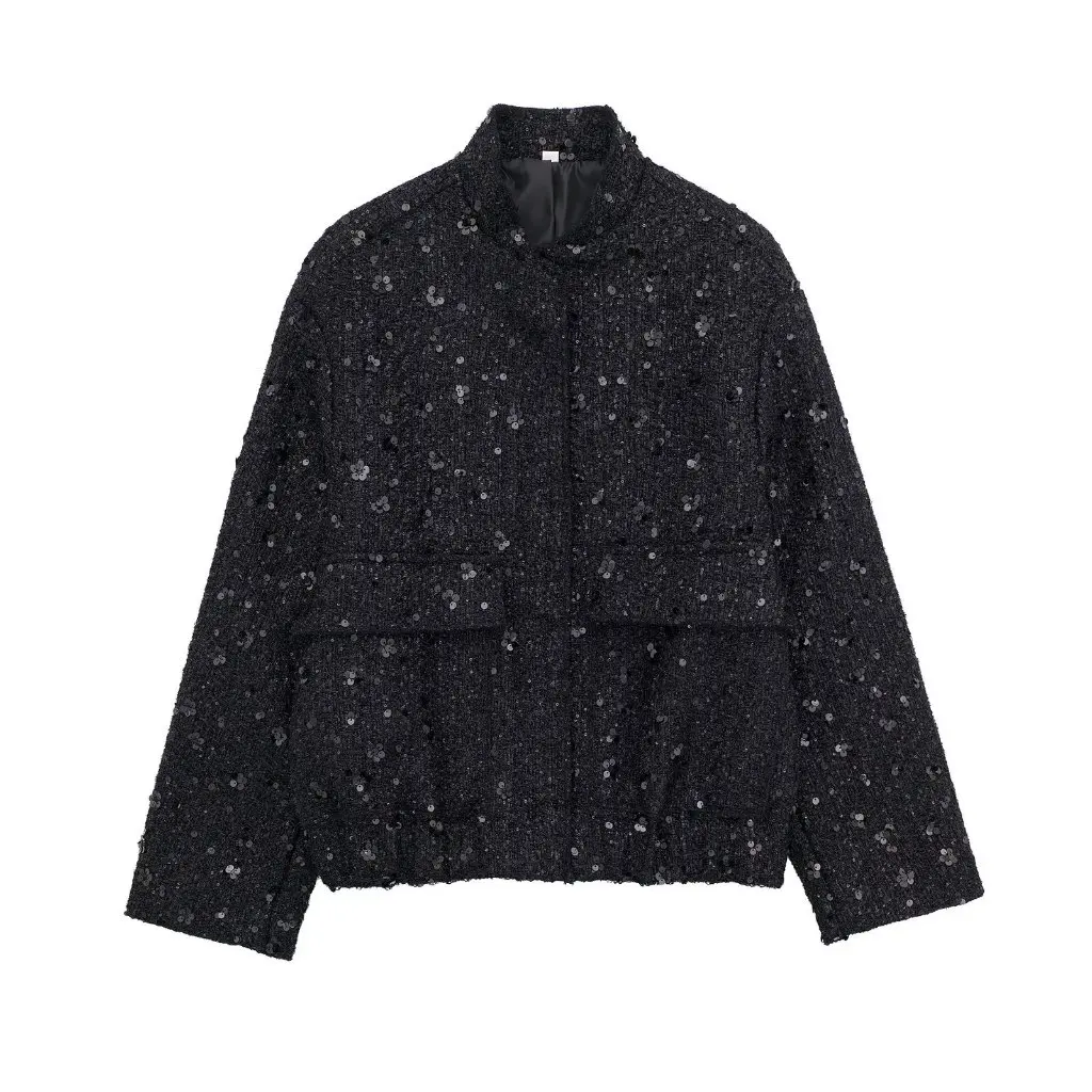

Women's Short Jacket Autumn New Fashion Bead Decoration Pocket Detail Supply Wholesale Clothing