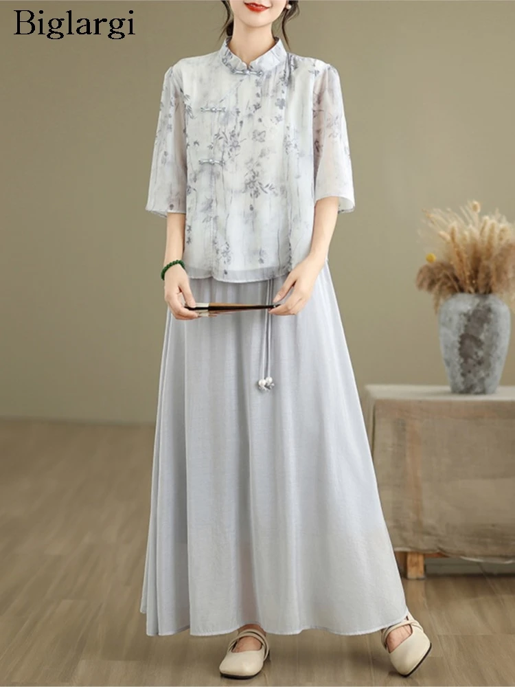 

Oversized Summer Chinese Style 2 Two Piece Set Women Fashion Floral Print Ladies Blouses Ruffle Pleated Loose Woman Long Skirts