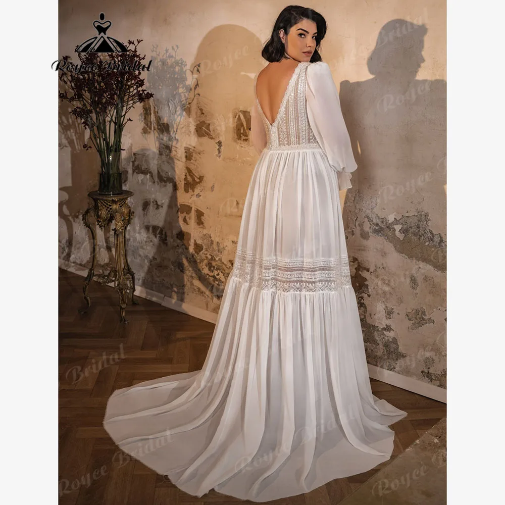 Robe de Mariée en Mousseline de Soie et Dentelle pour Femme, Tenue de Style Bohème à Manches sulf, Col en V, Grande Taille, Personnalisée, 2025