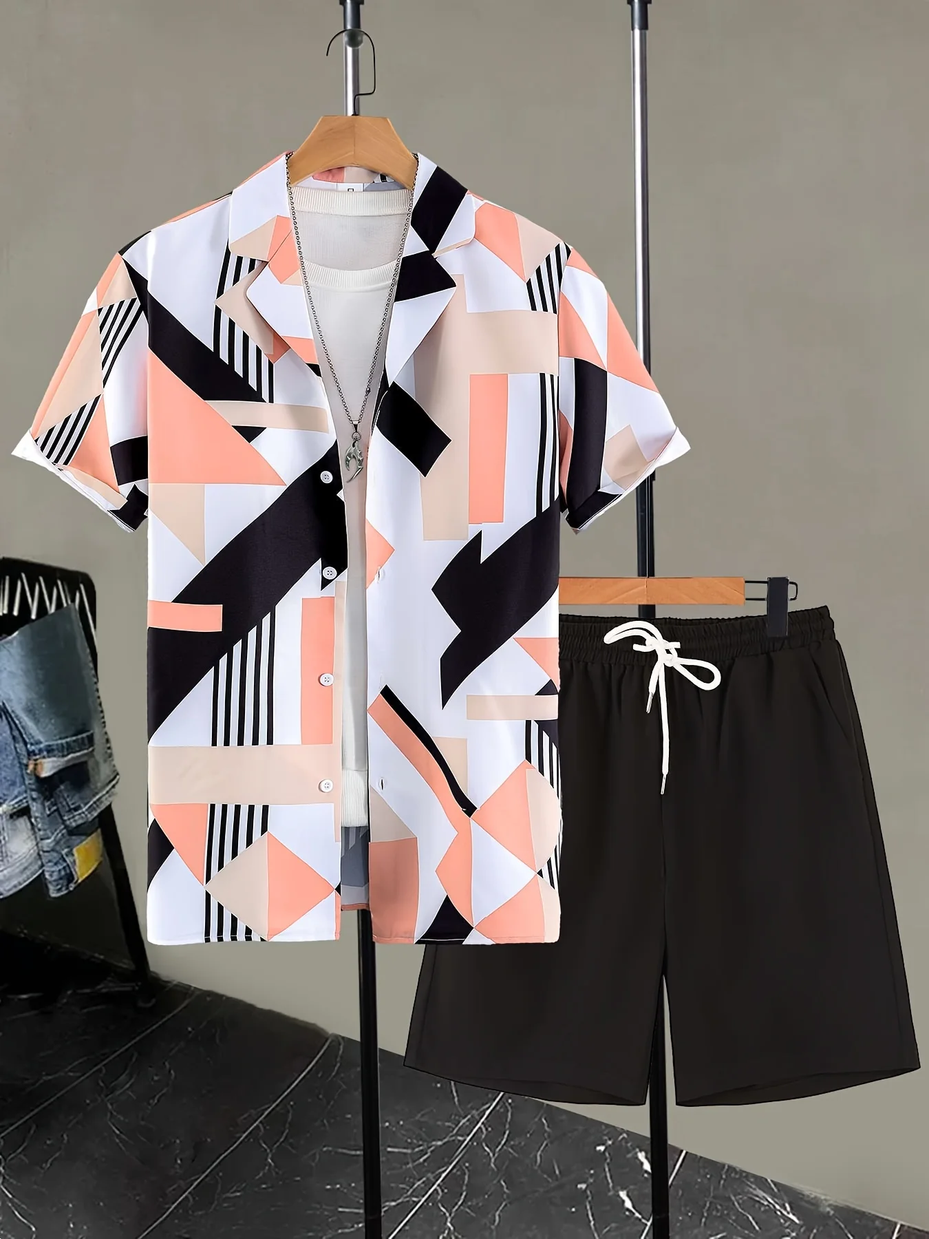 

Мужская повседневная одежда из двух предметов, шорты с воротником с лацканами и короткими рукавами, комплект с геометрическим цветным принтом, удобный свободный комплект одежды для отдыха