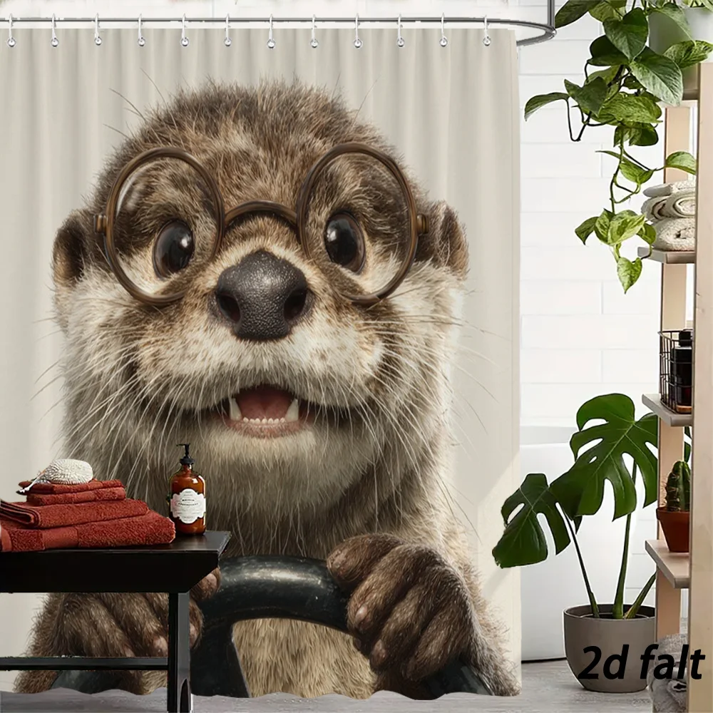 Humorous Realistic‑Style Little Otter With Vintage Eyeglasses Gripping Car Steering Wheel Portrait Pattern Bath curtain