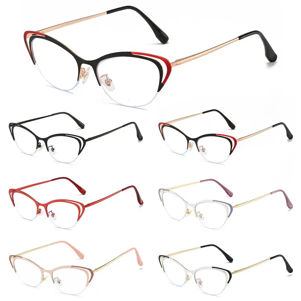 

Metal Blue Light Blocking Glasses Hollow Half-Frame Cat-Eye Eyeglass Frames Two-Color Artistic Plain Glasses