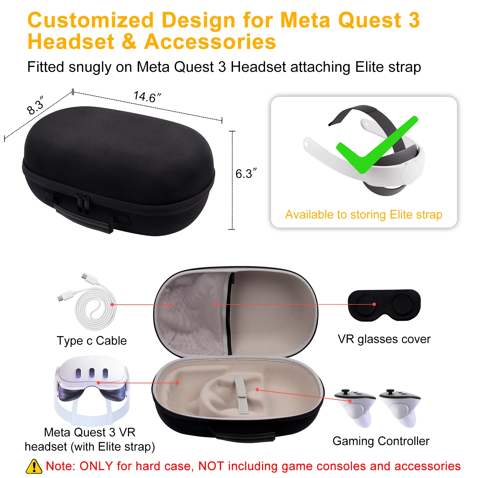 Hard EVA Storage Case Travel Carrying Box for Meta Quest 3 Elite Strap VR Glasses Zipper Bags For Meta Quest 3 VR Accessories