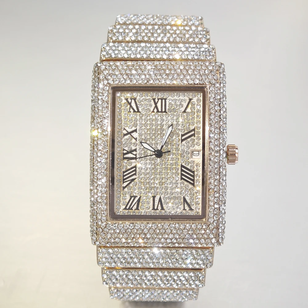 

Горячие модные розовые часы для мужчин, брендовые UNIGUET, роскошные прямоугольные часы, мужские блестящие наручные часы в стиле хип-хоп с бриллиантами, дропшиппинг
