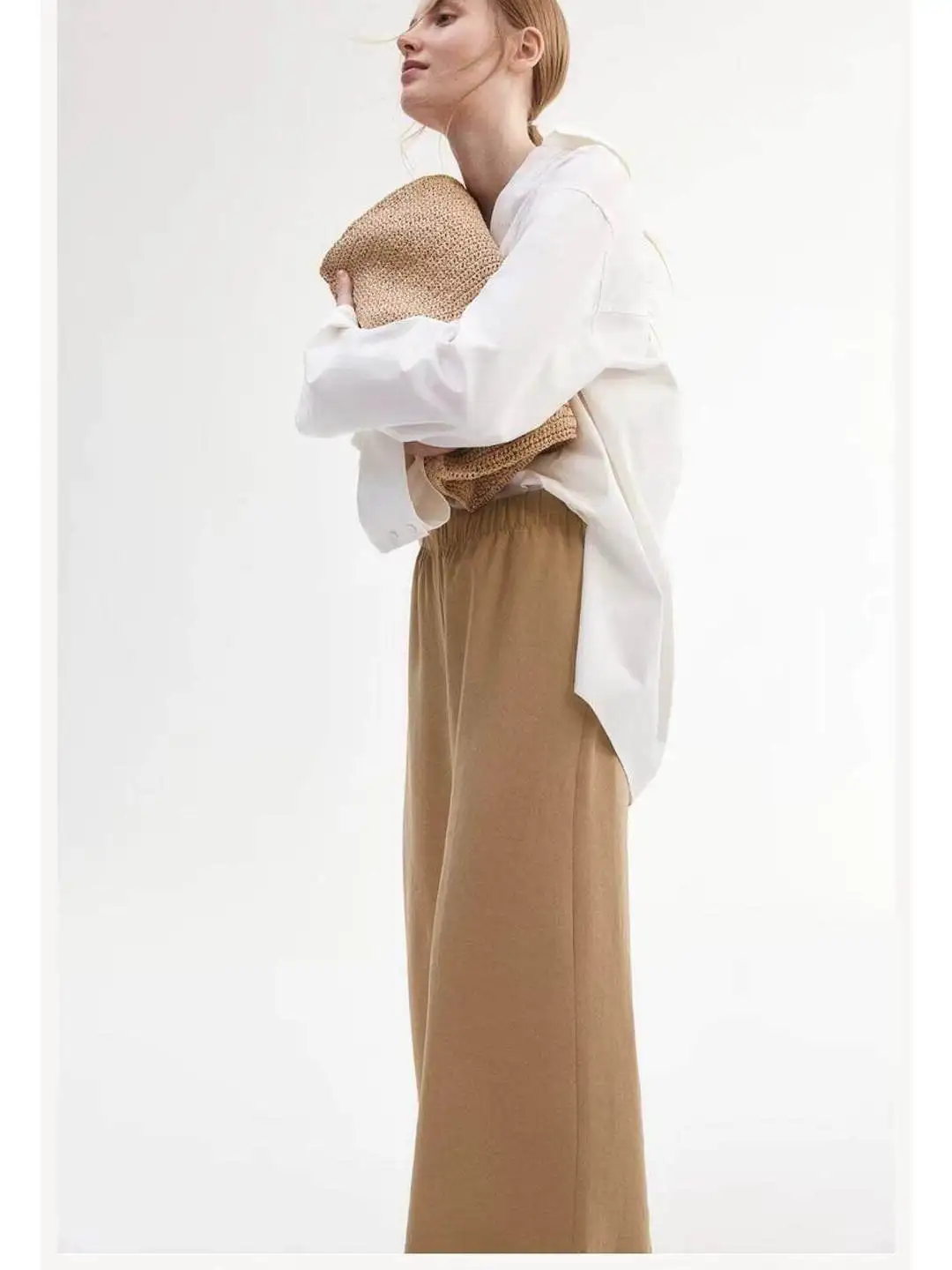

Spring Casual Loose Wide Leg Pants Elastic Waist with Side Pockets Versatile High Waist Polyester Fiber Ladies Fashion