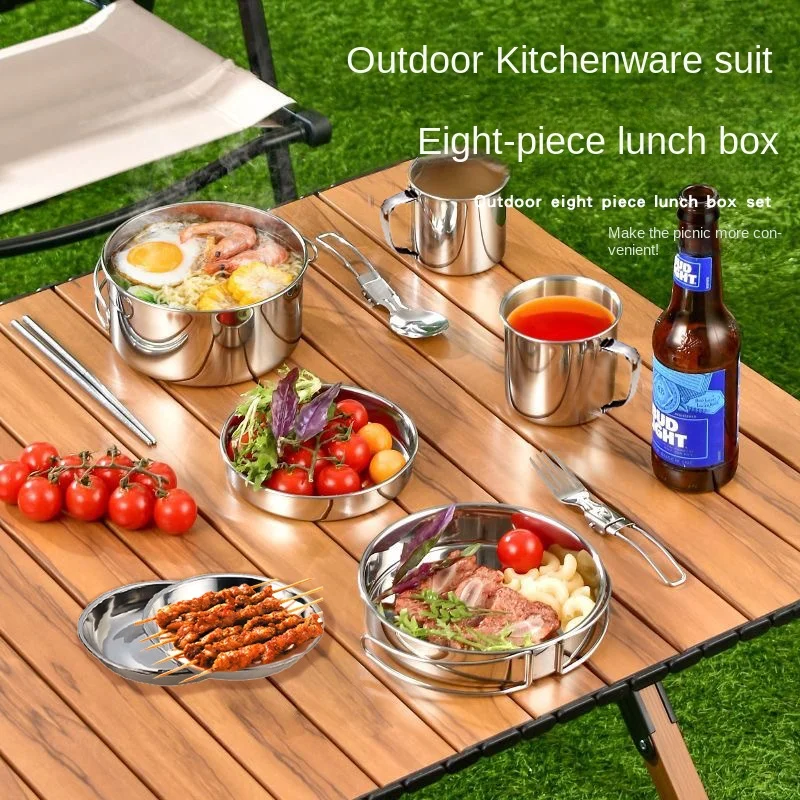 

Stainless steel camping picnic outdoor cookware set pot portable mountaineering pot storage folding tableware set combination