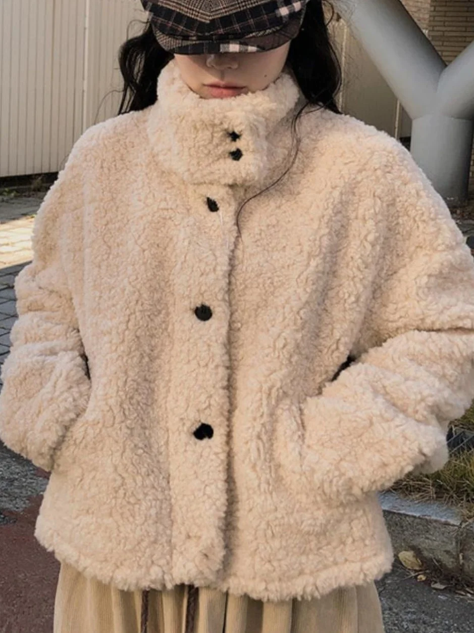 Jaet elegante de invierno con cuello alto y un solo botón de piel de cordero para mujer, abrigo largo informal holgado a la moda, cálido