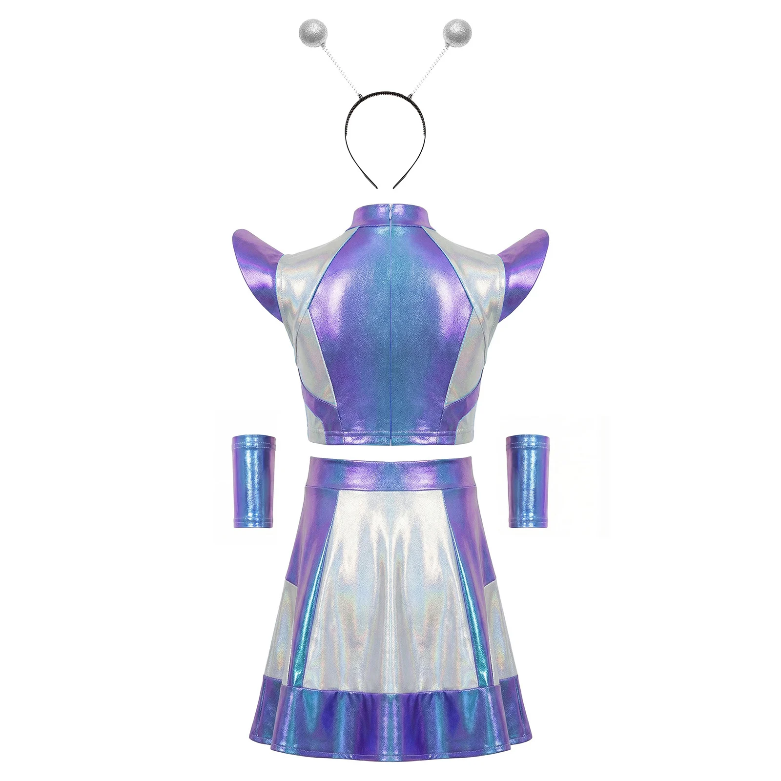 Girls Alien Costume Metallic Shiny Crop Top with Skirt Sleeves Hair Hoop Robot Astronaut Clothes for Halloween Space Theme Party