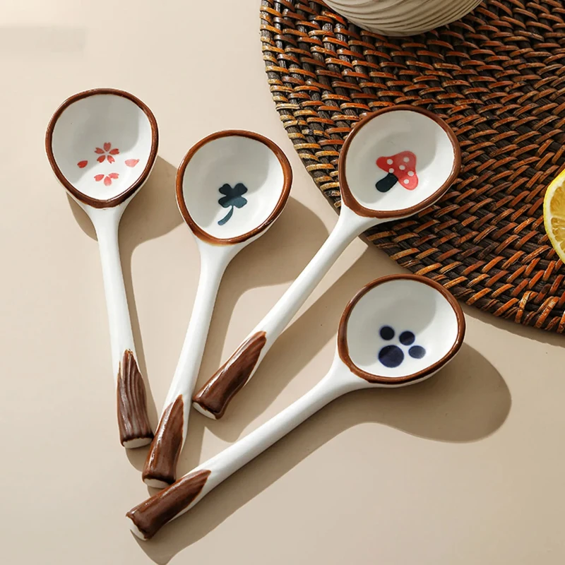 

Ceramic Soup Spoon, Stoneware Spoon, Long Handle Spoon, Household Japanese Style Cute Creative Rice Spoon Kitchen Tableware