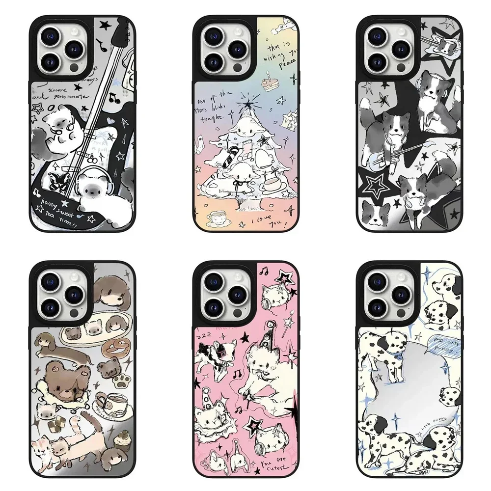 

Mirror Surface Music Dog Cat Sheep Engraved Letters Phone Case Cover for iPhone 11 12 13 14 15 Pro Max Case with MagSafe