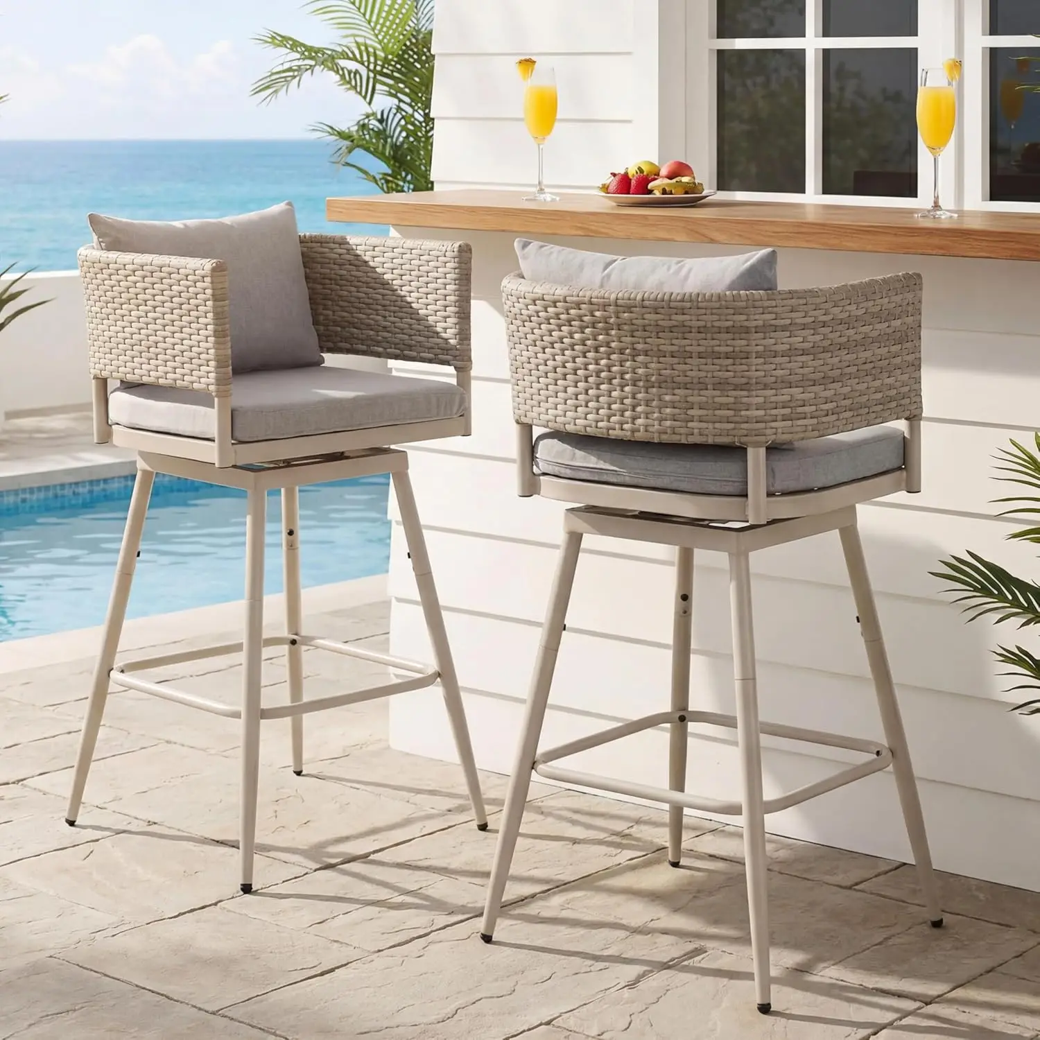 

PE Rattan Swivel Bar Stools Set 2 All-Weather Waterproof Metal Frame Patio Poolside Backyard Grey, Customized