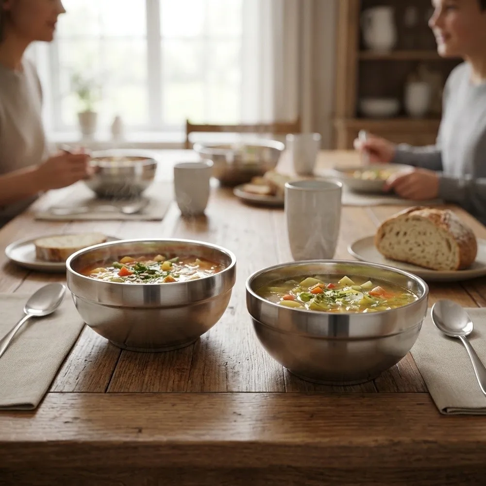For Hot Soup Insulated Food Bowl 304 Stainless Steel Bowl For Home Daily Use Silver Simple Cleanup Robust Bowl Body