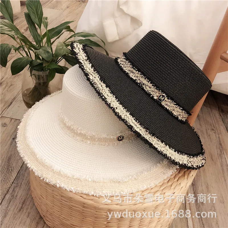 

X515 Fashion Summer Straw Hat Online Celebrity Small Fragrant Wind Flat Top Fresh Beach Sunshade Beach Cap Adjust Size