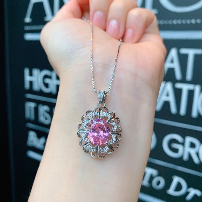 

Three-Piece Set European and American Fashion Gemstone Ring Pink Zircon Silver Needle Earrings Barbie Pink Necklace