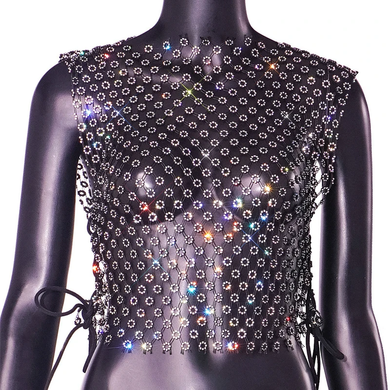 Damen Glitzerndes Blumen-Strass-Netz-Crop-Top Durchsichtiges Fischnetz-Tanktop Rückenfreies Schnür-Party-Clubwear Damen-T-Shirt 2026 – Detail 5