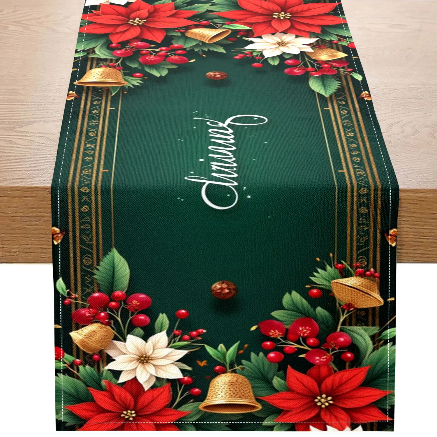 1 Piece of Christmas-Themed Table Runner, Decorated with Poinsettias, Golden Bells and Red Berries, with a Gold Border, Suitable for Christmas Parties, Family Holiday Decorations, and Other Occasions