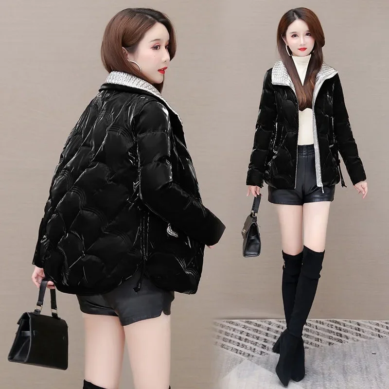 Glanzende stof donskatoenen jassen dames winter nieuwe mode casual verdikte korte losse lange mouwen jas dameskleding
