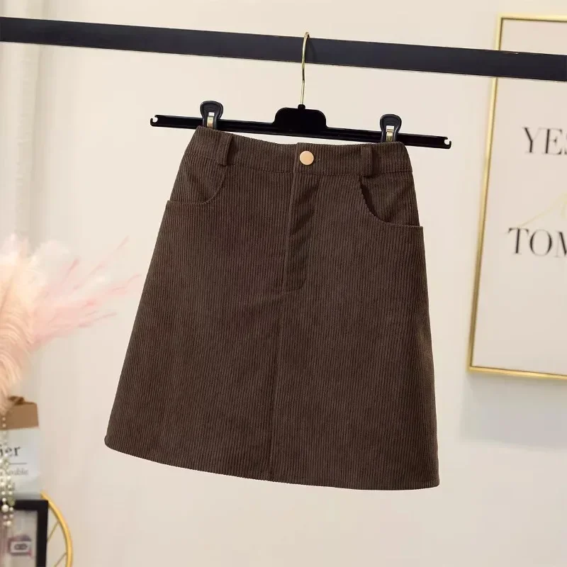 Damskie sztruksowe mini spódniczki w stylu vintage Seksowna wysoka talia Jesień Zima College Ulzzang Street Trend Słodka spódnica o linii A z podszewką