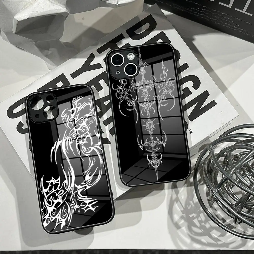 Cyber Sigil Cross Phone Case Tempered Glass Shell FOR IPhone 15ProMAX 14 11 12 Pro 15 16 Plus 13 Pro MAX XR XS Cover