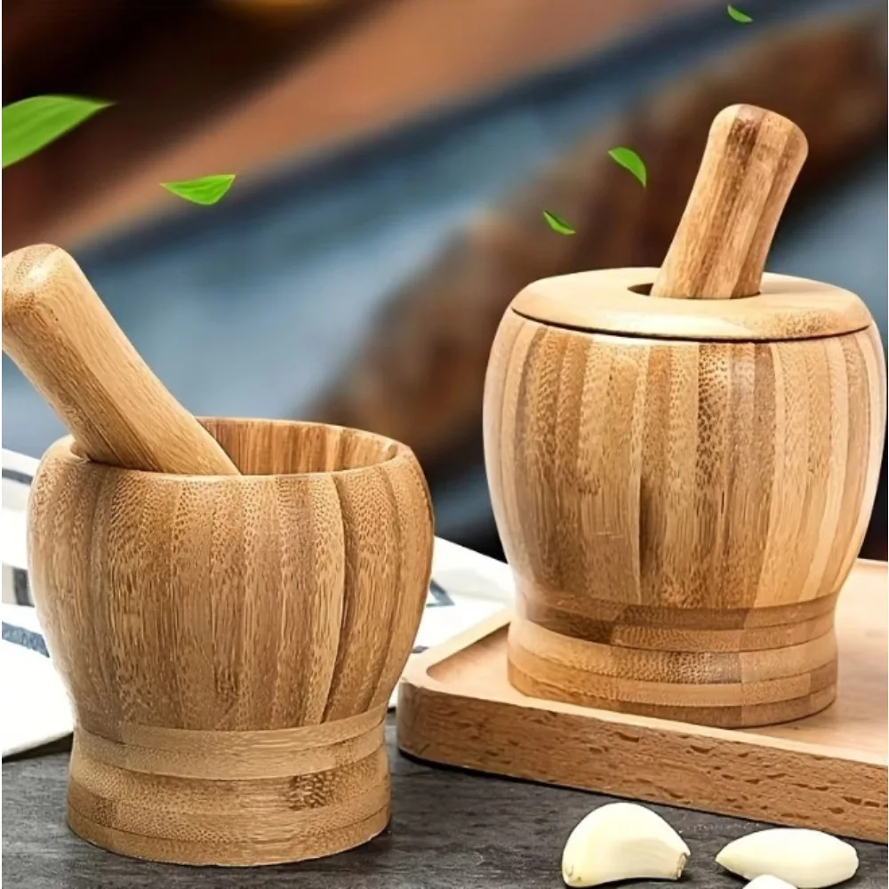 1set Natural Bamboo Garlic Paste Jar, Manual Food Mixer, Garlic Grinder with Cover for Home Kitchen