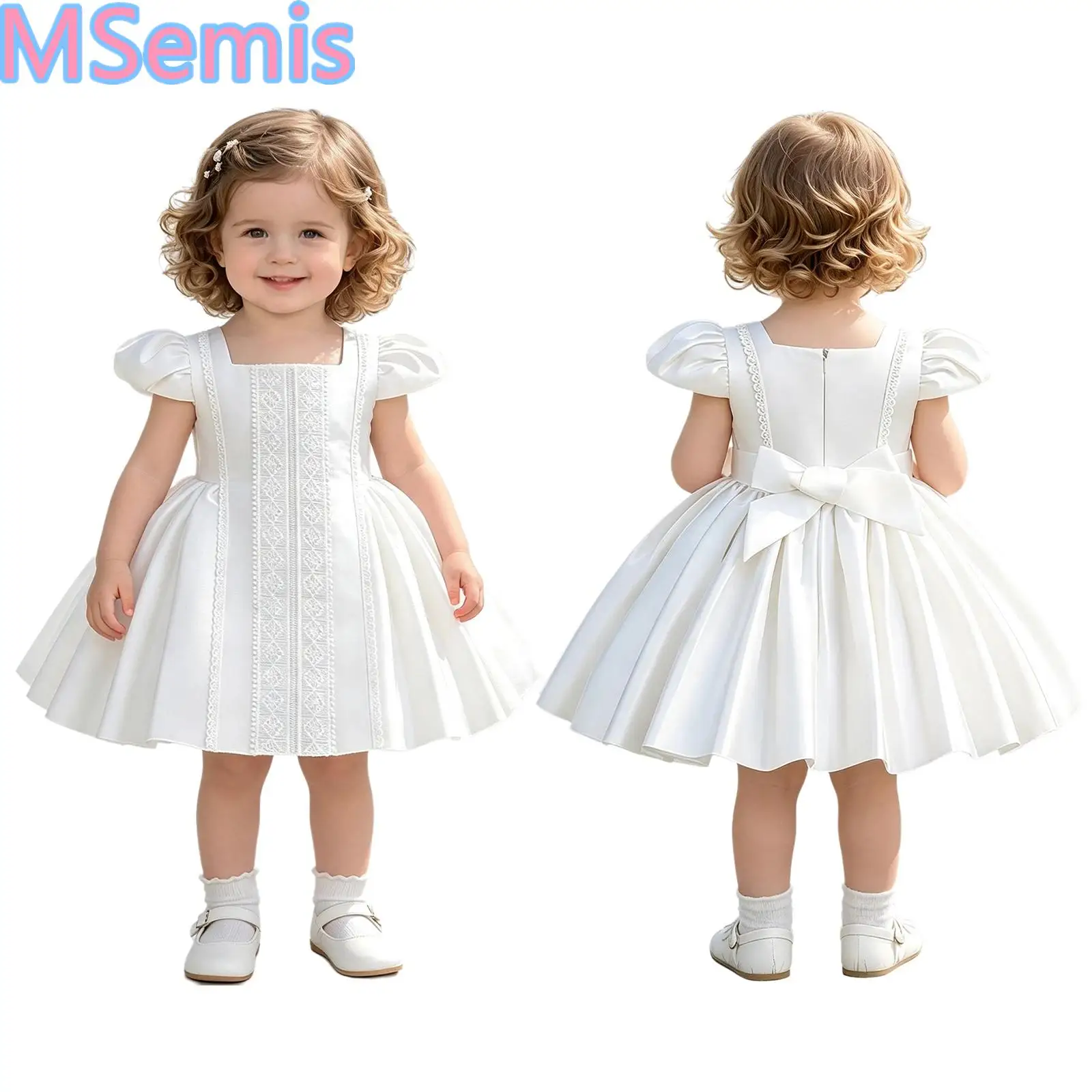 Baby Girls Embroidered Princess Dress Flower Girl Party Gown Puff Sleeves Bow Back Zipper Dress for Birthday Baptism Wedding