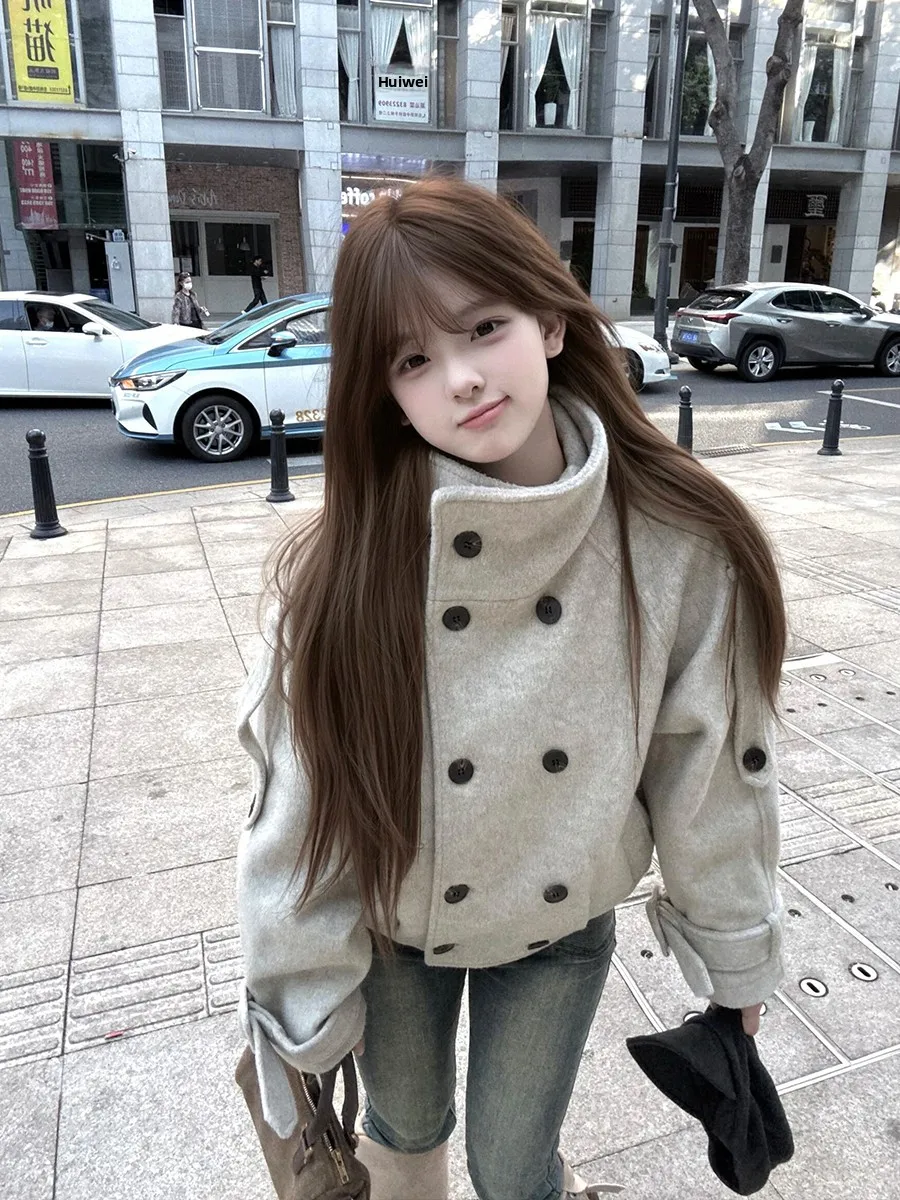 

Двубортное шерстяное пальто женское в корейском стиле, повседневное, с воротником-стойкой, утепленное, зимняя верхняя одежда