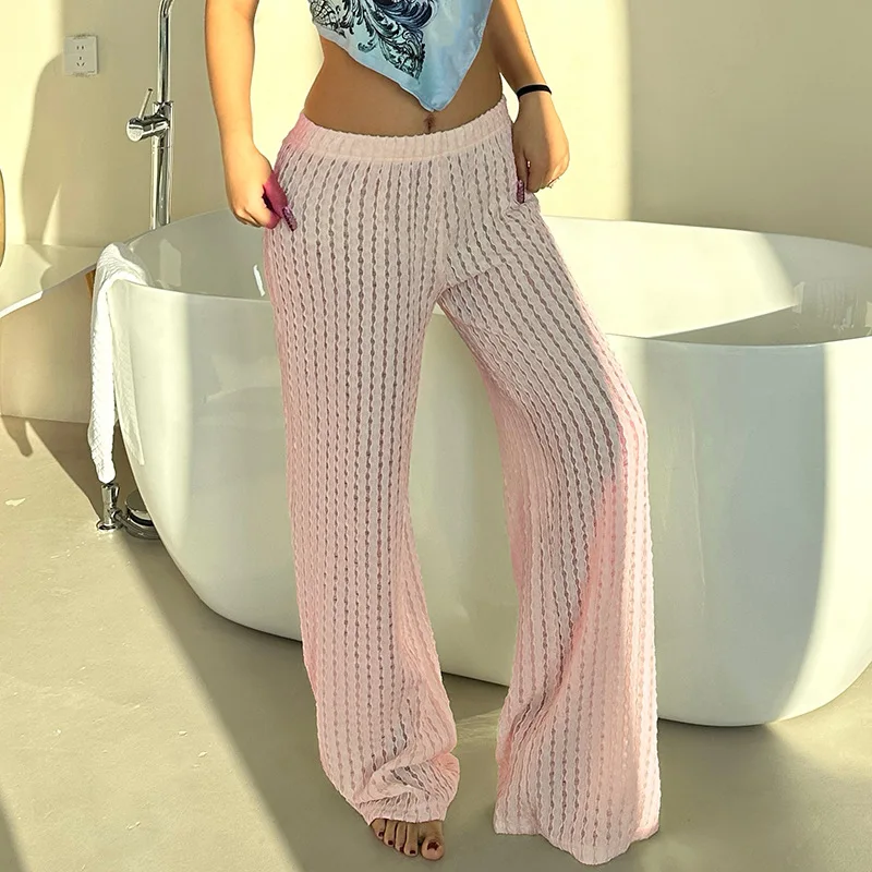 

Beachwear Hollow Out Knitted Casual Pants White Low Rise Loose Straight Pants y2k Aesthetic Women Holiday Style Trousers