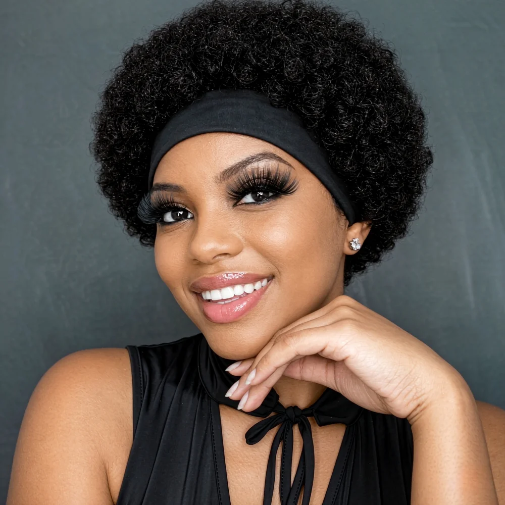 Full Machine Made Afro Curly Human Hair Headband Wig, Short Fluffy Black Afro Curly Headband Hair Wig for Women, Headband Wig