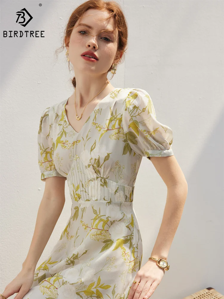 

Birdtree 6A 100% Real Mulberry Silk Dresses Women V Neck Floral Print Slim Waist Office Workwear Midi Dress Summer D36507JM