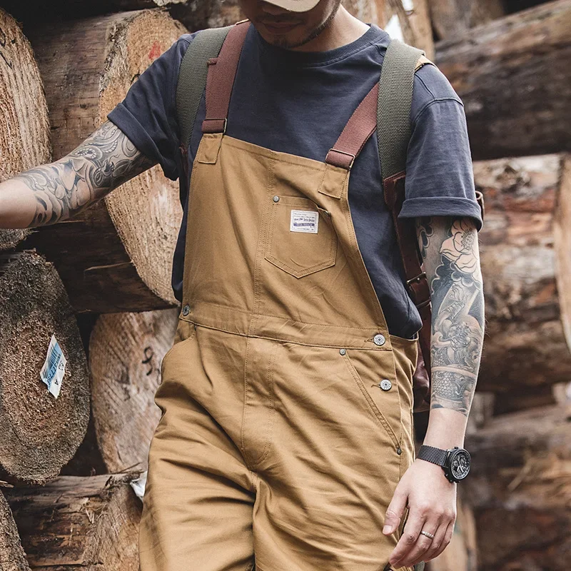 Japanese Vintage Khaki Suspenders Bibs Spring Autumn Canvas Cargo Pants Streetwear Men Rompers Full Length Trousers Jumpsuits