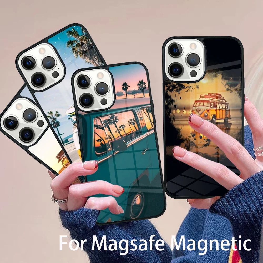 

Combi Van Surf Phone Case Magesafe Magnetic Wireless Charge Cover For IPhone 16 11 12 13 14 15 Pro Max Plus Mini