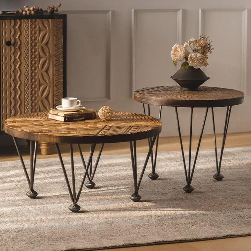 American retro solid wood small round table, bed and breakfast living room small coffee table size combination, home balcony