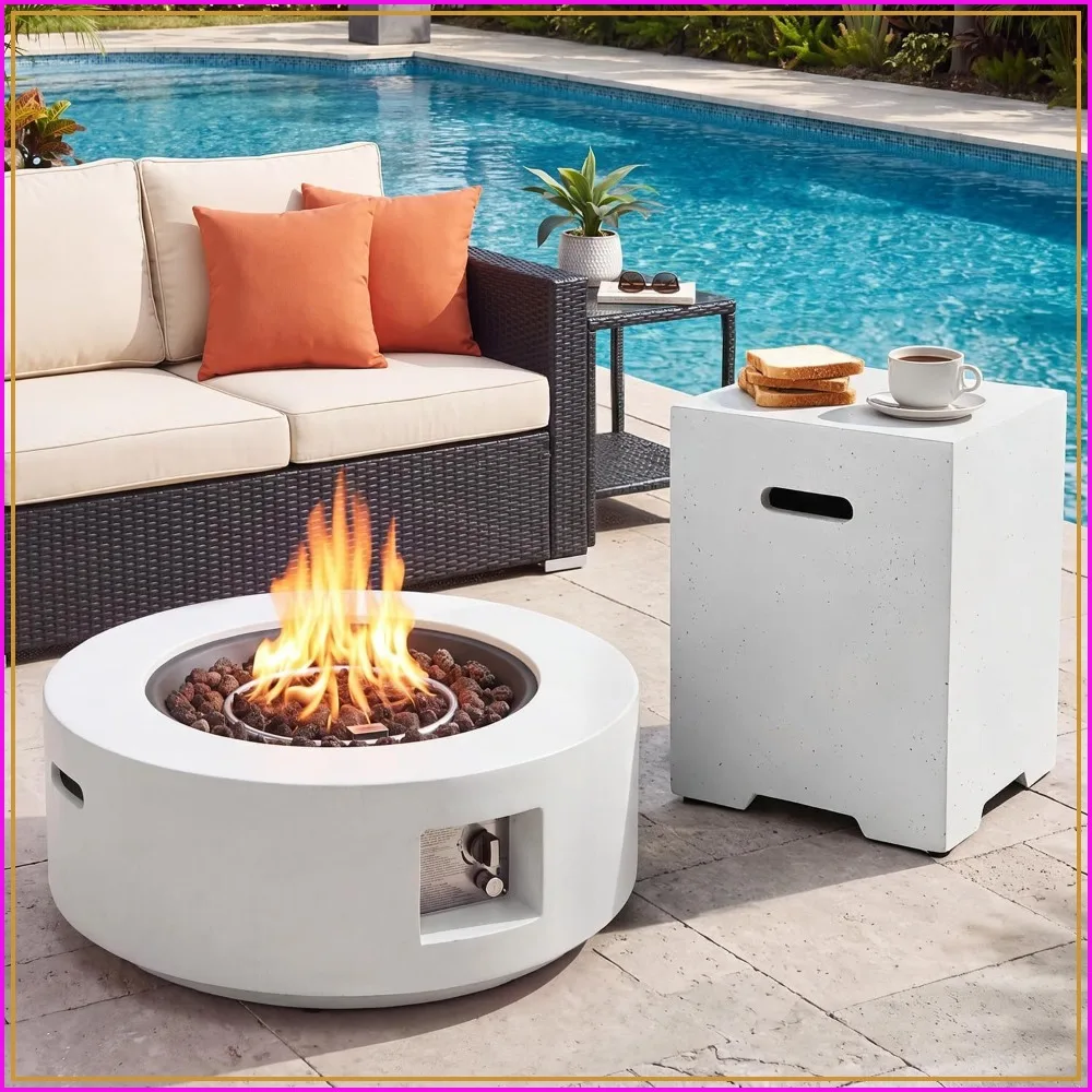 30 Inch Round Outdoor Propane Fire Pit Table with Tank Holder for Patio Yard