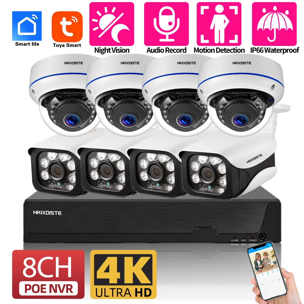 

Tuya 4K POE IP Camera Security System Set 8MP 8CH NVR Kit Outdoor Waterproof Audio CCTV Video Surveillance Camera System Kit 4CH