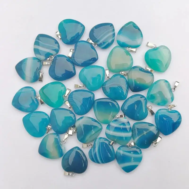 Fashion blue Rose stripe agate natural stone Good quality heart pendant Necklace for jewelry making 20MM Charm Accessories 24PCS