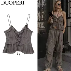 DUOPERI Women Fashion Cotton Grey Ruffled Cropped Tops Camisole Thin Straps V-Neck Female Chic Lady Casual Crop Top Tank