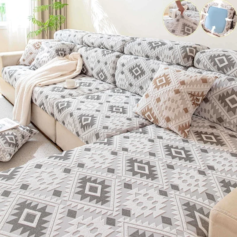 Modern Geometric Jacquard Fleece Sofa Cover Straight Couch Cushion Covers L-shape Sofa Lid Towel Anti-slip Dustproof Slipcover