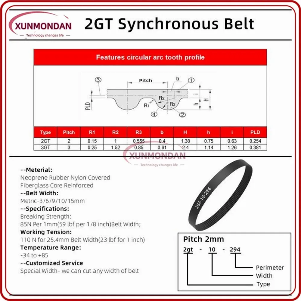 2GT GT2 Szerokość: 6 mm Skok 2 mm Wysokiej jakości gumowy pasek rozrządu z zamkniętą pętlą, obwód paska 740 mm–1250 mm, używany do drukarek 3D