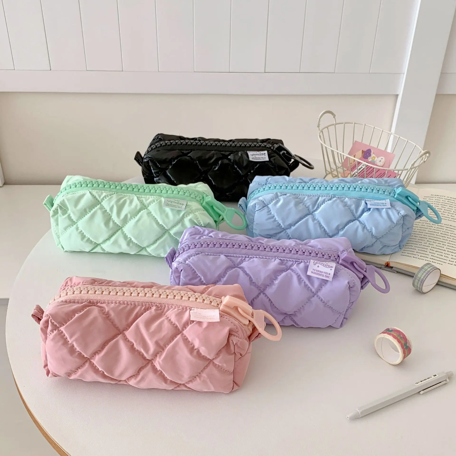1pc Fashion Simple Solid Color Large Zipper Pencil Case Large Capacity Desktop Storage Study Pen Bag Student School Stationery