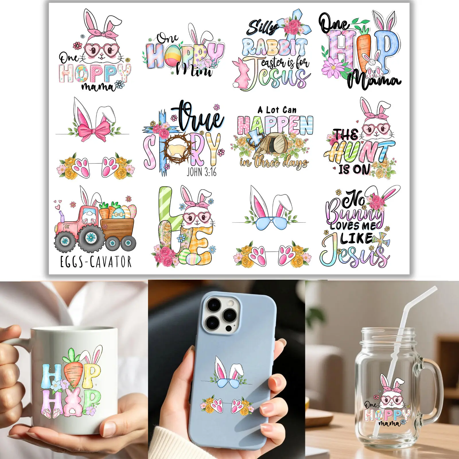 12pcs/Sheet Easter Egg Bunny Rabbit Cake DIY UV DTF Rub On Transfer Stickers Glass Mug Cup Wraps Journal Scrapbooking Crafts